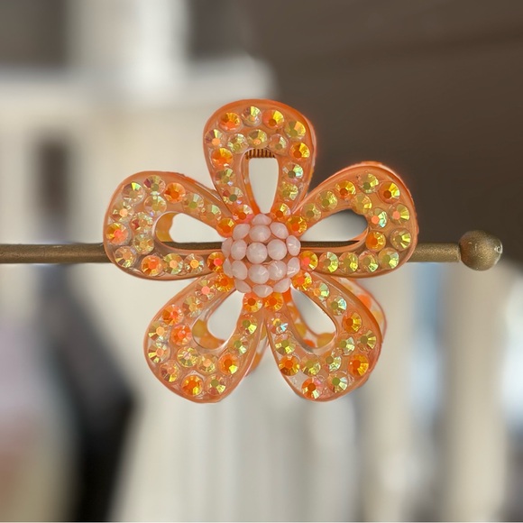 Handmade Orange Flower, Rhinestone Hair Clip - Picture 5 of 5